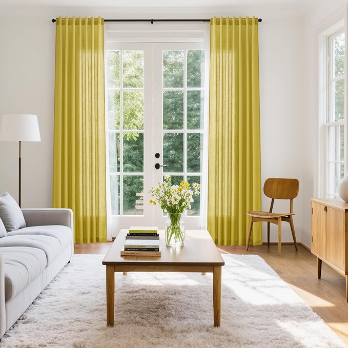 Celery Yellow Linen Curtains 108 Inches Long 2 Panels Set Back Tab Loop Pocket - Image 8