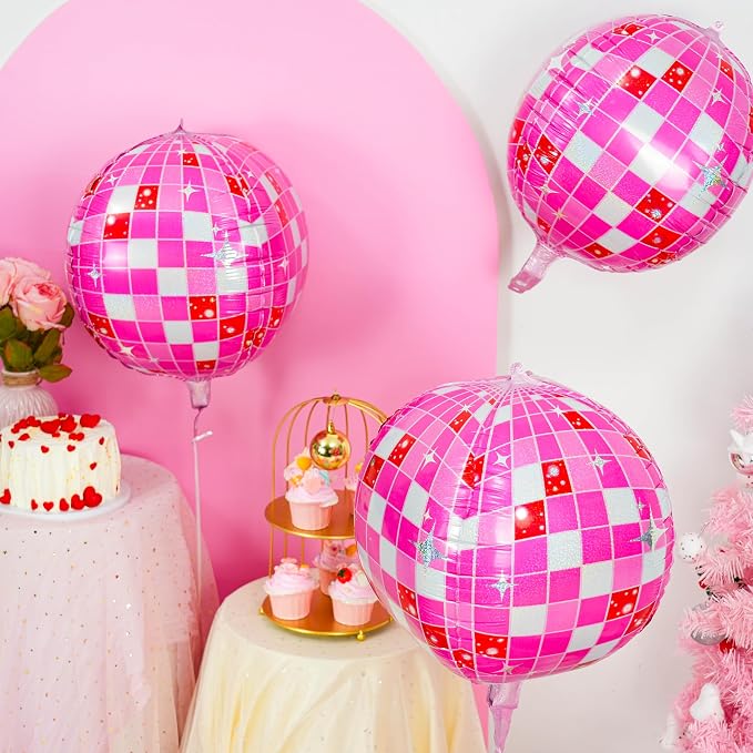 6pcs 22 Inch Pink Disco Ball Balloons, 4D Large Foil Aluminum Balloon - Image 4