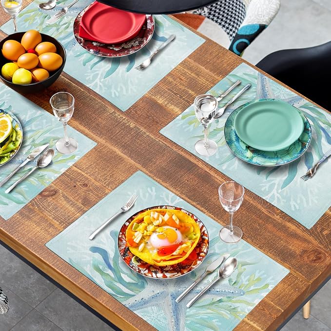 Nautical Coastal Placemats Set of 4 Ocean Coral Starfish Seagrass Beach Theme - Image 7