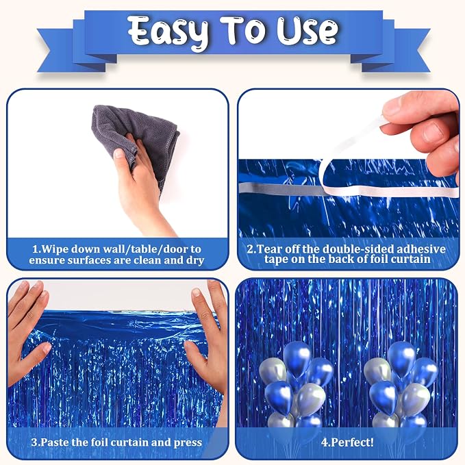Voircoloria 3 Pack 3.3x8.2 Feet Blue Foil Fringe Backdrop Curtains, Tinsel - Image 4
