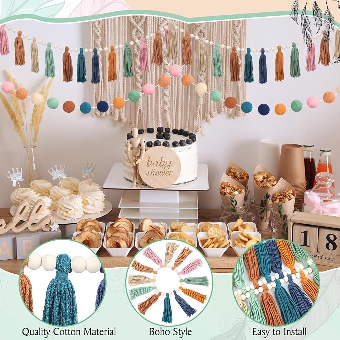 Tenceur Boho Tassel Garland and Pom Pom Banner Set- 4 Pcs Rainbow Wall Decor - Image 7