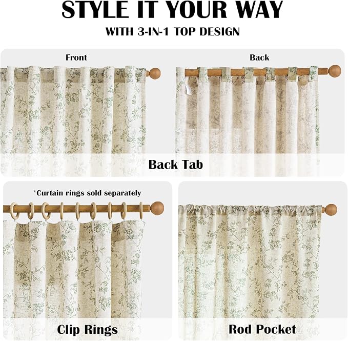 Green Vintage Floral Linen Curtains Farmhouse 50W X 84L 2 Panels | Elisa Series - Image 5