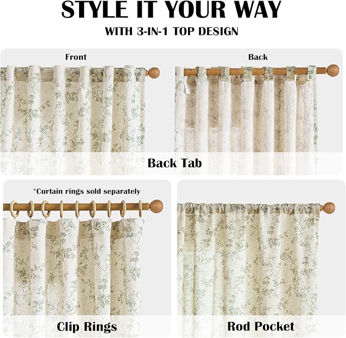 Green Vintage Floral Linen Curtains Farmhouse 38W X 84L 2 Panels | Elisa Series - Image 4