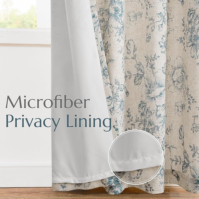 jinchan Blue Floral Linen Curtains Lined 63 Inch Vintage Back Tab 2 Panels | - Image 5