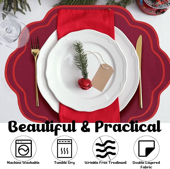 6 Pcs Wine Red Wedding Placemats Scalloped Embroidered Cotton Linen Placemats - Image 6