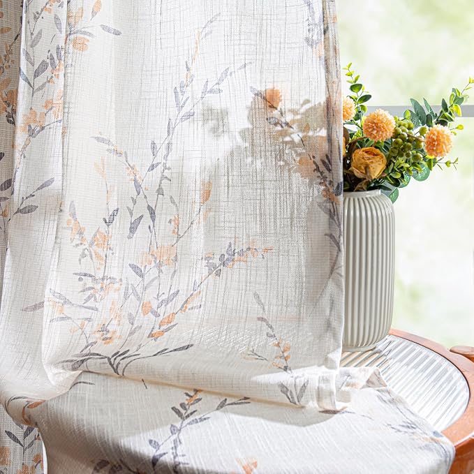 MYSKY HOME Floral Curtains for Bedroom Small Windows Flax Linen Sheer Drapes - Image 6