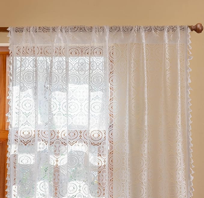 YJ YANJUN Boho Lace Curtains 72 inch, 2 Panels, Crochet Drapes - Image 3