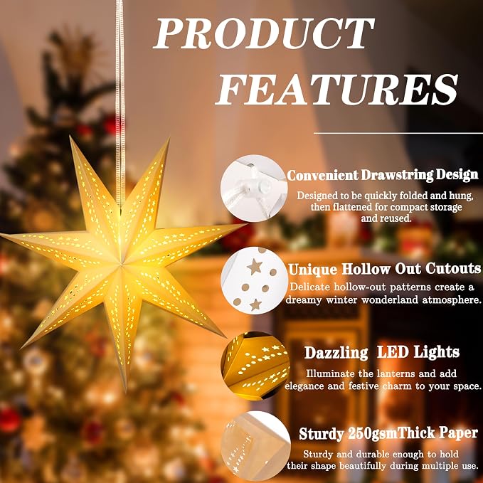 Large Paper Star Lanterns with Lights, 3D 7 Pointed Christmas Paper Lanterns - Image 4