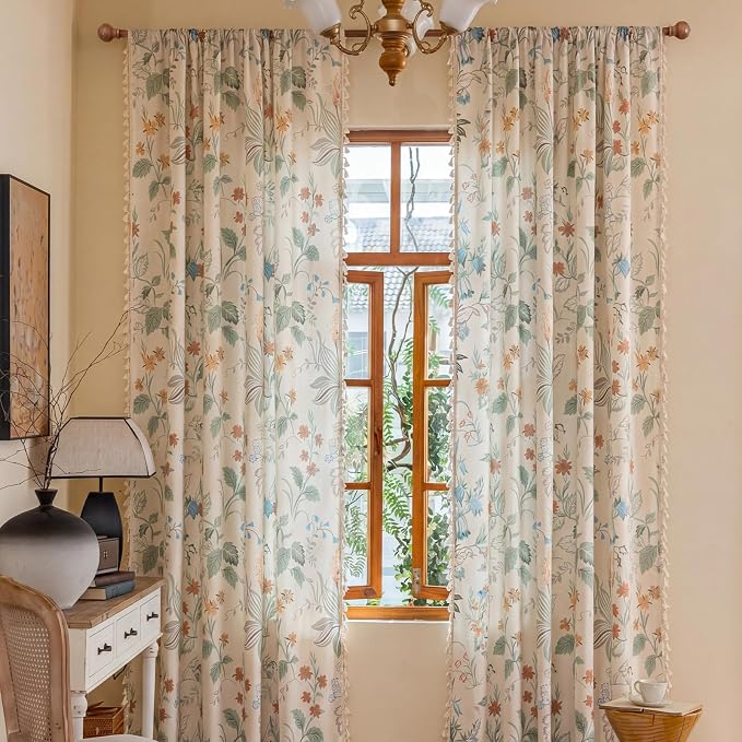 Bedroom Floral Rod Pocket Semi Sheer 96 Inch Curtains 2 Panel Set | Living Room - Image 4