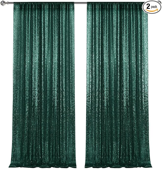 2×8FT-2PCS Hunter Green Sequin Backdrop Curtains Panels, Christmas Green by Pufogu