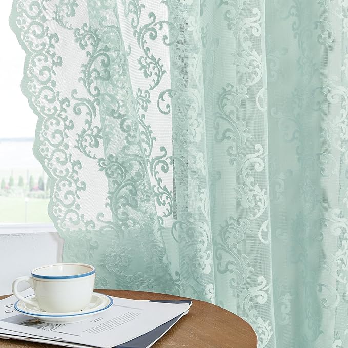 Pastel Turquoise Lace Curtains 84 Inches Long 2 Panels Modern Paisley Lace - Image 4