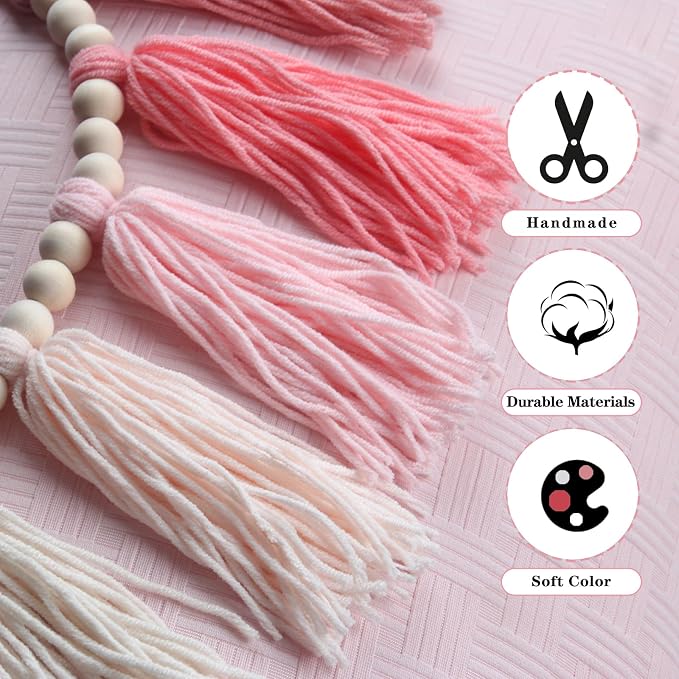 Pink Yarn Tassel Garland Boho Preppy Wall Hanging Decor Bunting Banner Tassels - Image 3