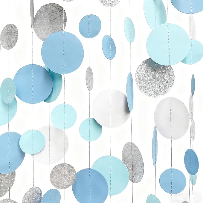 Dusty Blue Silver White Polka Dots Garland Hanging Paper Circle Dot Streamer by pinkblume