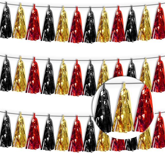 3P Red-Black Gold Tassel Banner Garland Metallic Foil Fringe Banner Tinsel by FENGNIAN