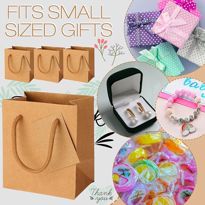 Sherr 100 Pack Mini Gift Bags Bulk, 4 x 2.75 x 4.5 Inches Paper Bags with Tags, Extra Small Paper Gift Boxes with Handles for Birthday, Party Favors, Weddings, Small Business(Brown)