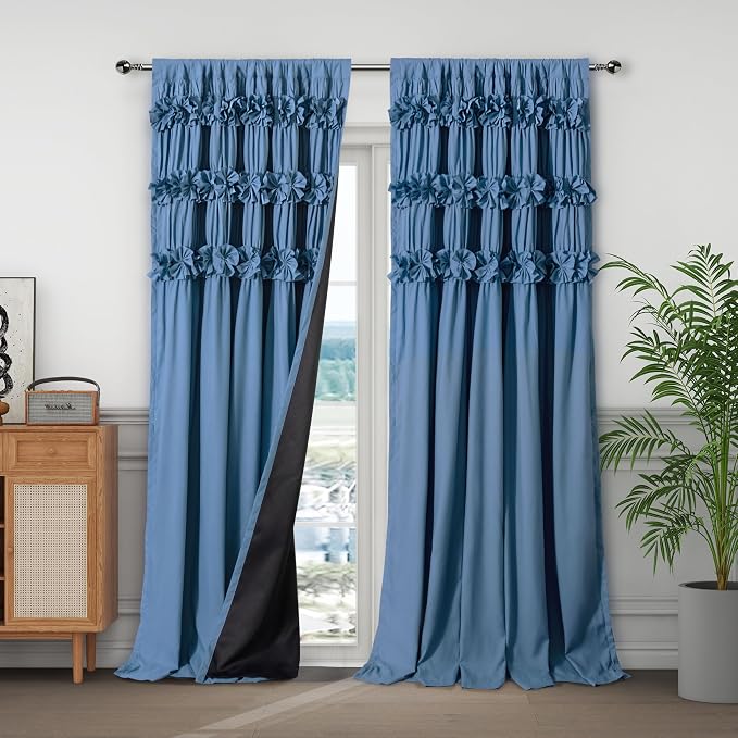 Luxurious Dusty Blue Blackout Curtains 2 Panels | 3 Rows of Handmade Butterfly by Homechoice+Decor