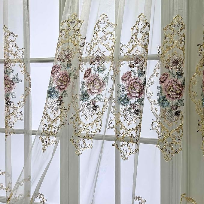 1 Panel Embroidered Floral Voile Sheer Window Curtain Rod Pocket Top | - Image 5