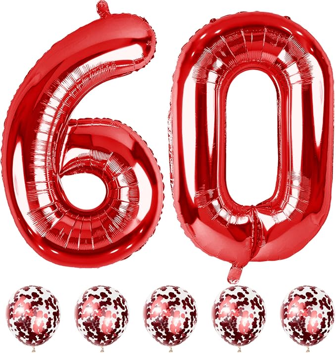 Red 60 Balloon Numbers and Confetti Balloons, 60th Birthday Balloons Set by Lingqiang