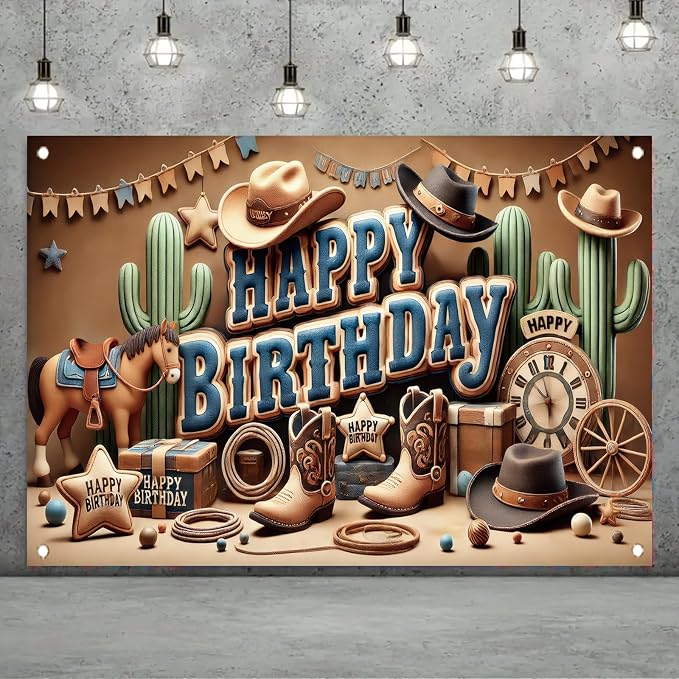 Western Cowboy Happy Birthday Banner Backdrop Rustic Wild West House Barn Photo - Image 3