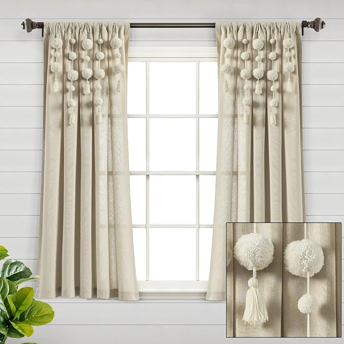 Lush Decor Boho Pom Pom Tassel Linen Textured Window Curtain Panel, Single 52" - Image 8