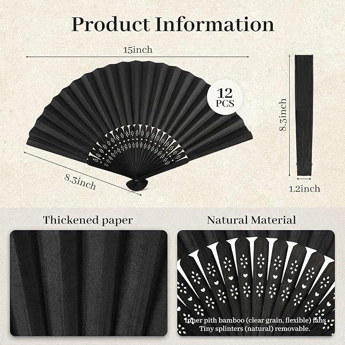 JOHOUSE 12 PCS Black Paper Fans Handheld, 8.3 Inch Foldable Hand Fan | Folding - Image 7