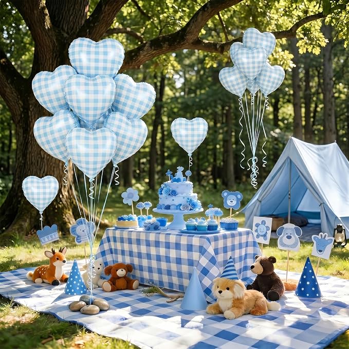 Blue Checkered Heart Balloons, 18 Inch Pastel Blue and White Gingham Heart - Image 5