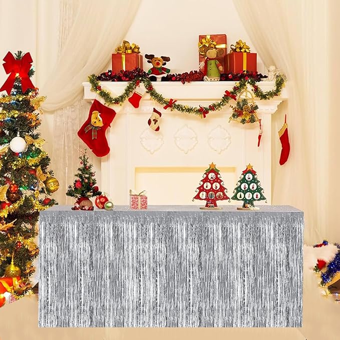 BEISHIDA 2 Pack Silver Table Skirts Party Decorations Metallic Tinsel Foil Fringe Table Skirts Table Decors for Rectangle and Round Table Birthday Holiday Party Cartoon Party
