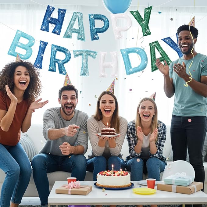 Tegeme Felt Happy Birthday Banner, Teal Glitter Turquoise Happy Birthday - Image 5