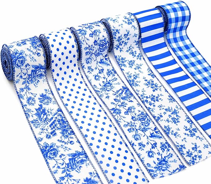 Blue and White Wired Ribbon Set, 6 Rolls 2.5 Inch Decorative Ribbon, by Unknown