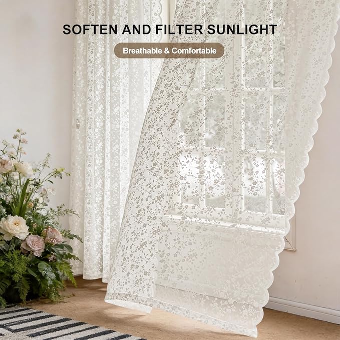 Anmao Vintage Lace Sheer Curtains 96 Inches Long - Image 2