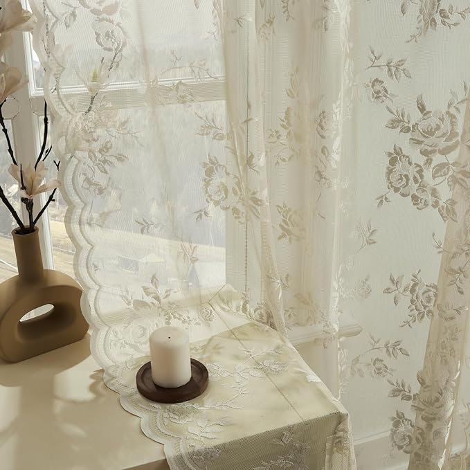 Khaki Lace Curtains 84 Inches Long 2 Panels Vintage Floral Sheer Curtains by SEEKRIGHTHomeDecor