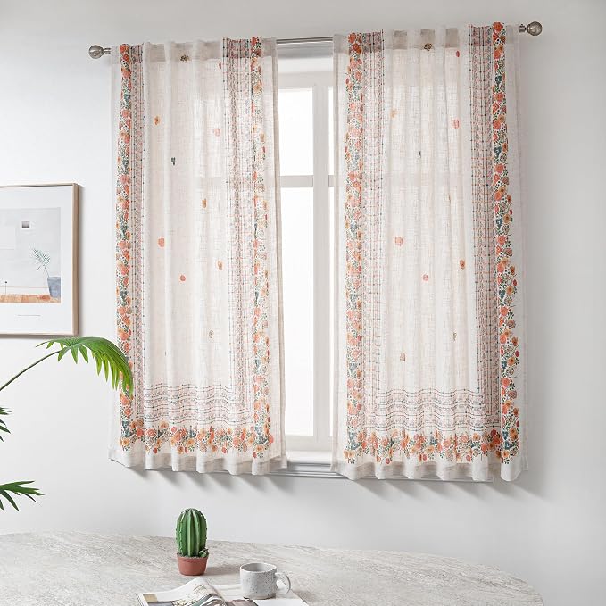 MYSKY HOME Boho Curtains for Bedroom 63 Inch Long Linen Look Semi Sheer Back by MYSKYHOME