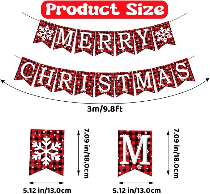 Merry Christmas Banner, Pre-Strung Buffalo Plaid Xmas Decorations, Merry - Image 2