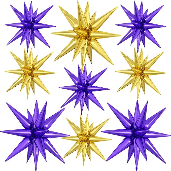 9Pcs Purple and Gold Star Balloons, Large Explosion Foil Balloons, Metallic by Dagelar