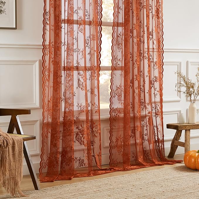 Burnt Orange Lace Curtains Short Victorian Floral Sheer Curtains 45 Inch Length - Image 3