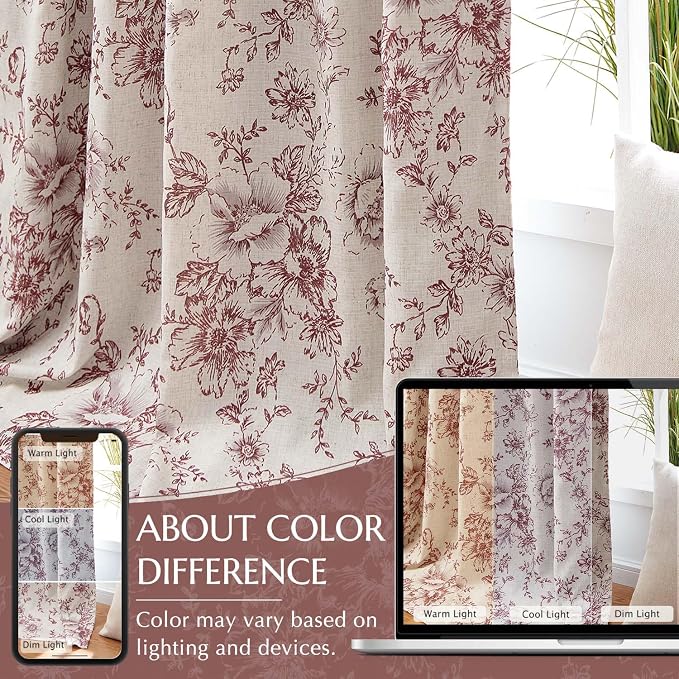 jinchan Red Floral Linen Blackout Curtains Lined 84 Inch Back Tab 2 Panels | - Image 6
