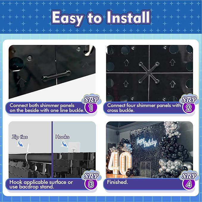 Qcity Black Shimmer Wall Backdrop 48PCS, Black Back Not See-Through Design, Square Sequin Glitter Backdrop Panel, Perfect for Outdoor Events, Birthdays, Wedding and Party Decoration