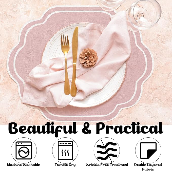 6 Pcs Pink Wedding Placemats Scalloped Embroidered Cotton Linen Placemats 17" x - Image 6
