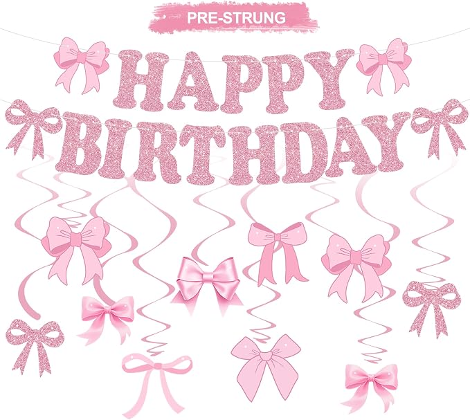 Glitter Pink Bow Happy Birthday Banner by RICHHHA