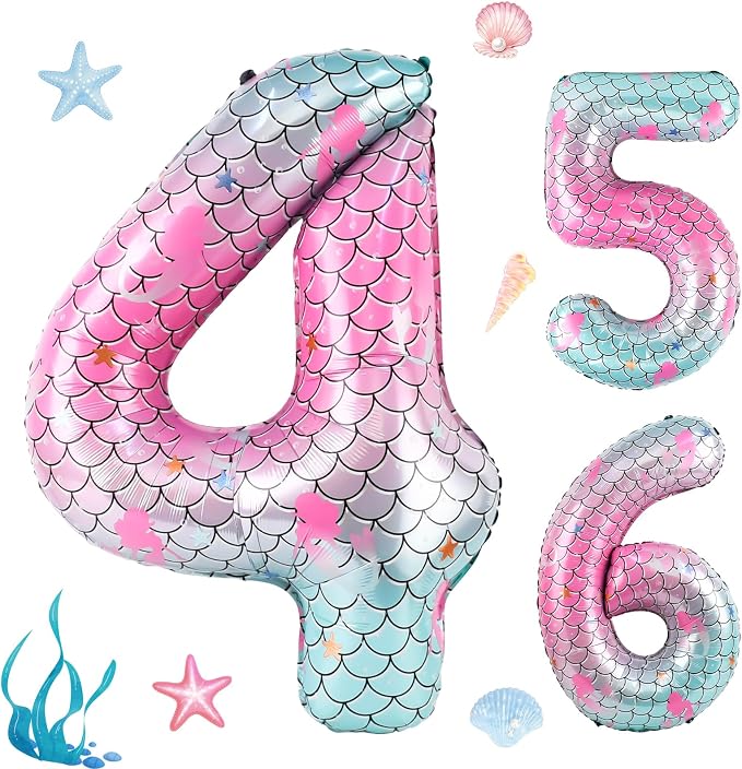 40 Inch Mermaid Number 4 Balloon, Sea Themed Birthday Decorations by AXBMM