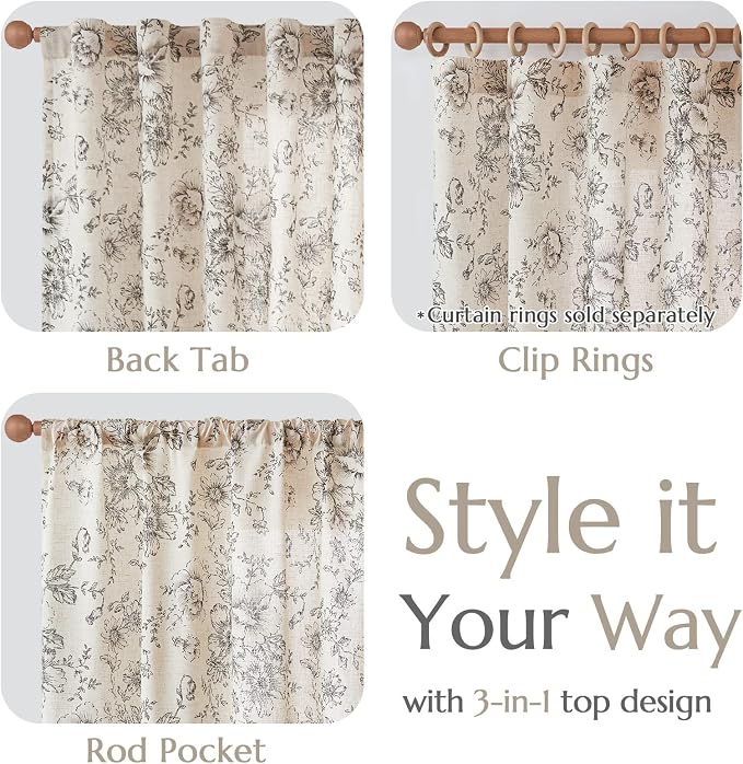 jinchan Black Floral Linen Curtains 84 Inch Farmhouse Back Tab 2 Panels | Light - Image 8