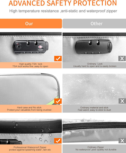 Noiposi Document Organizer with Lock, 15.0"x11.0"x4.3" Waterproof & Fireproof Document Box, Portable Home Safe Storage for Important Files, Silver