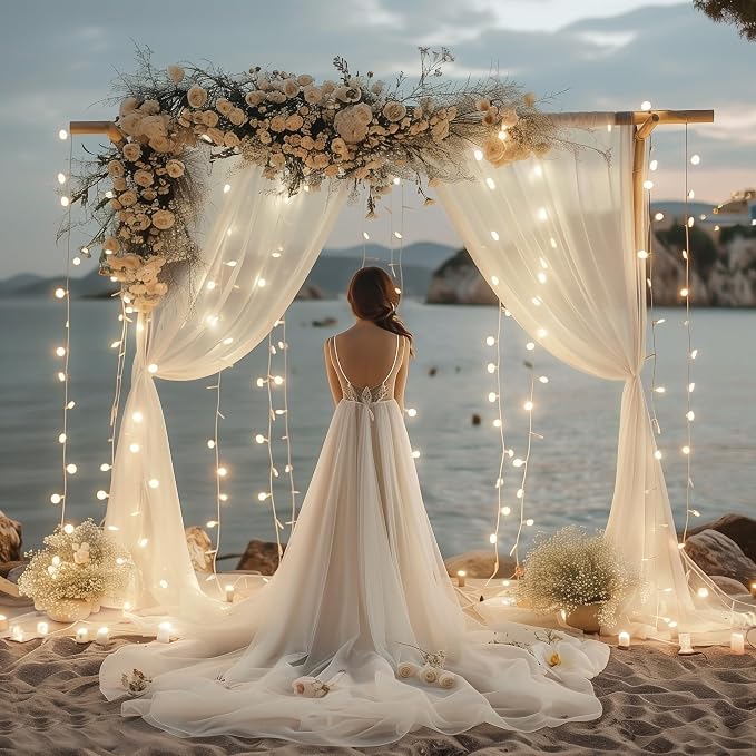Tulle Backdrop Curtains with Lights Sheer Ivory Curtain Backdrop 30x10ft | - Image 7
