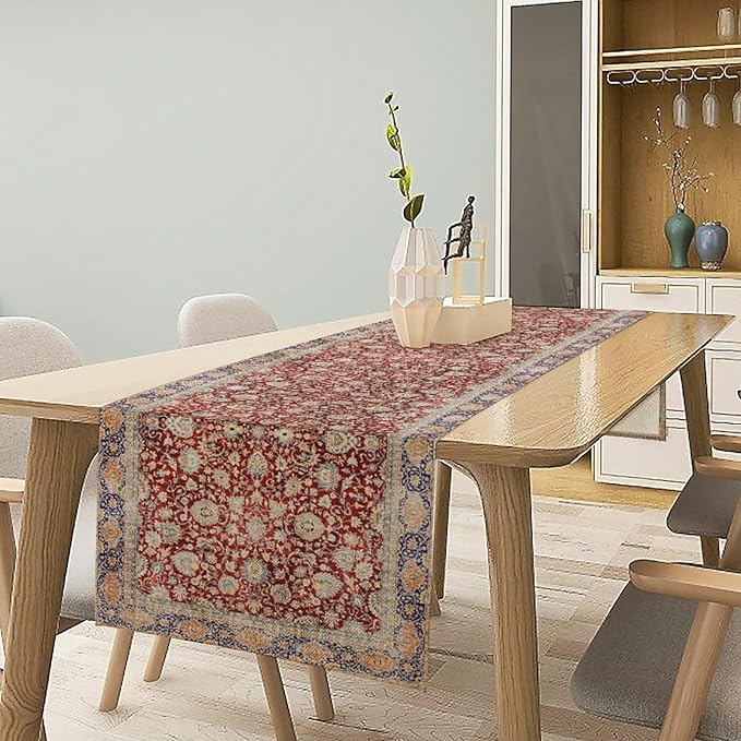 Boho Bohemia Style Table Runner, Vintage Red Blue Retro Flower Rustic Country Style Floral Print Pattern for Home Kitchen Table Decor Dining Coffee Room Garden Party Decor 13x72in