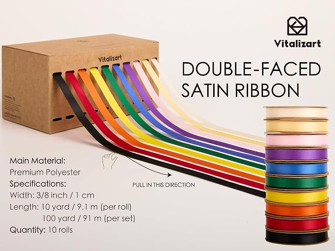 Vitalizart Rainbow Ribbons for Crafts 3/8" x 100Yds Double-Faced Satin Thin | - Image 2