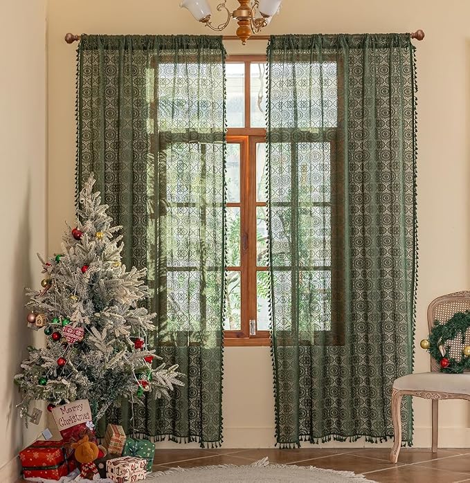 YJ YANJUN Boho Lace Curtains, Dark Green, 2 Panels | Vintage Floral Crochet - Image 5