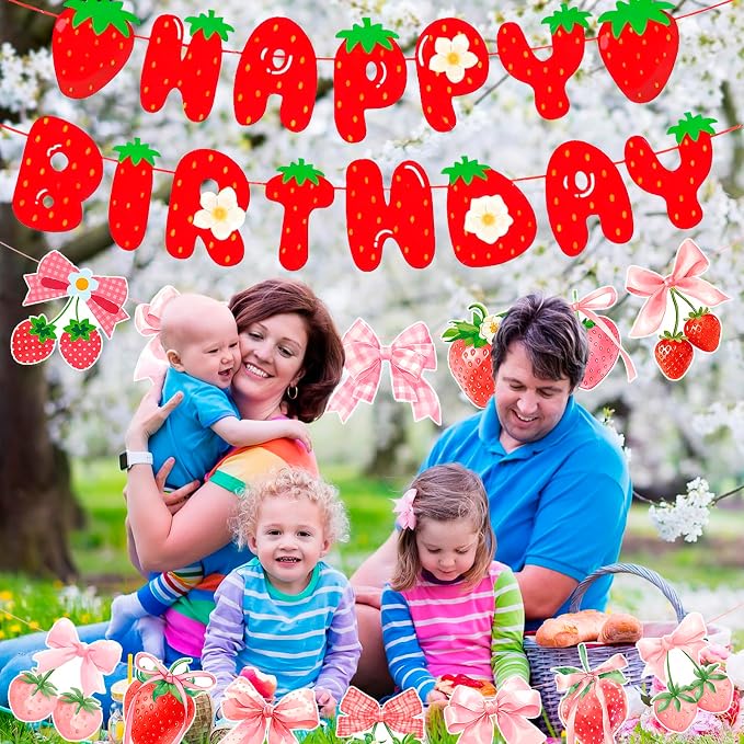 MEETINGU Strawberry Cake Happy Birthday Banner and Bow Strawberry Banner - Image 5