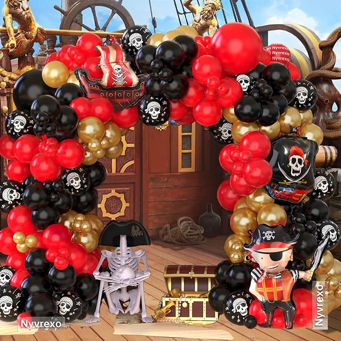 142Pcs Pirate Birthday Party Decorations Balloon Garland Arch Kit | Red Black - Image 8