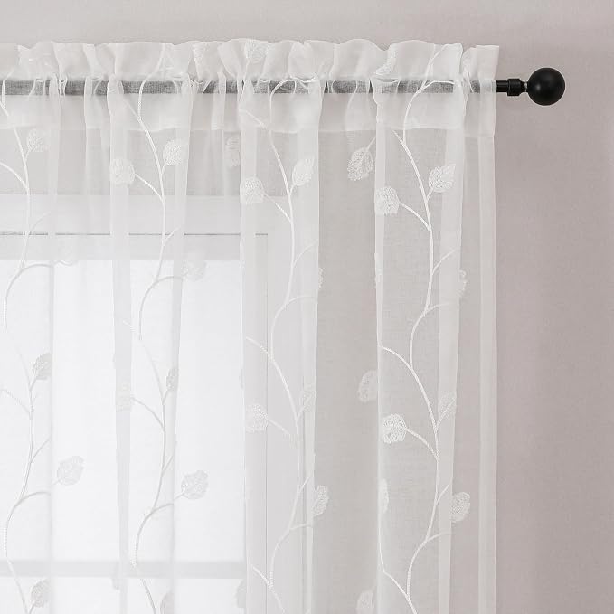 White Sheer Curtains Decorative Embroidered Leaf 96 Inches Long | Light - Image 4