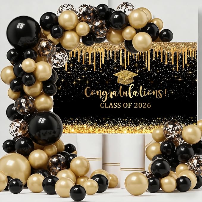 Mocsicka 8x6ft Graduation Backdrop 2026 Black and Gold Graduation Decorations - Image 3
